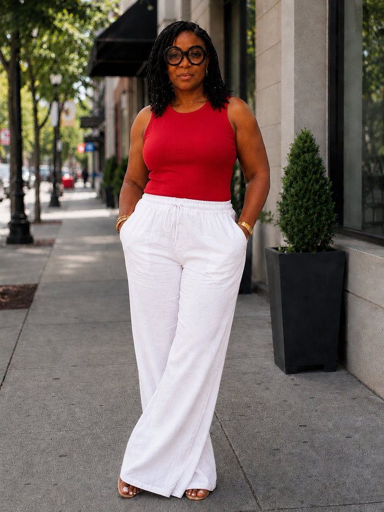 Linen Drawstring Pants-White