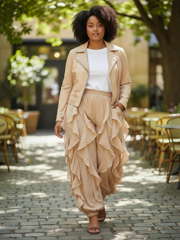 Ruffle Organza Jogger Pants Reg/Plus (Beige)