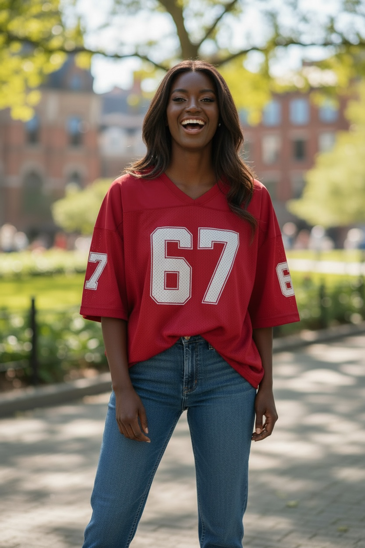 Oversized Game Day Jersey Top (Red)