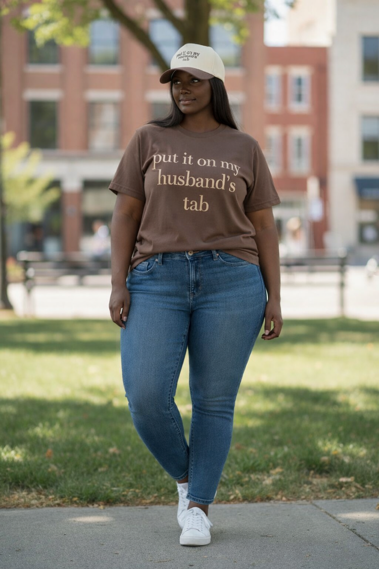 Put It On My Husband’s Tab Tee Shirt-Brown/Tan