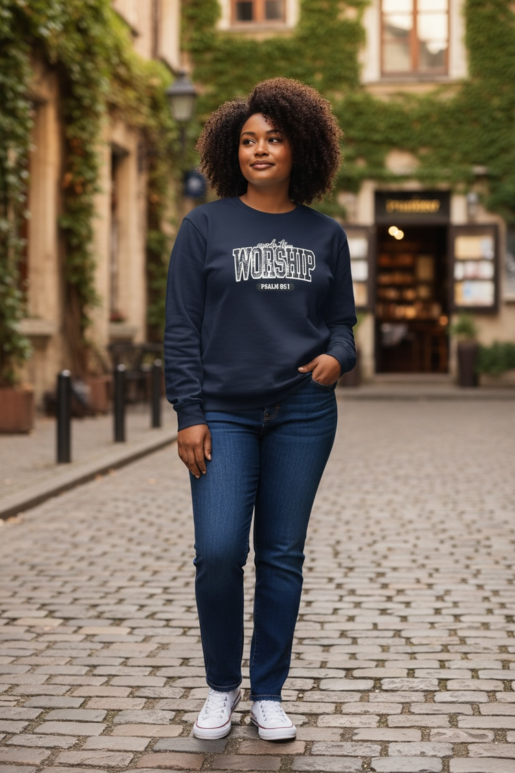 Made to Worship Psalm 95:1 Patch Sweatshirt-Navy Blue