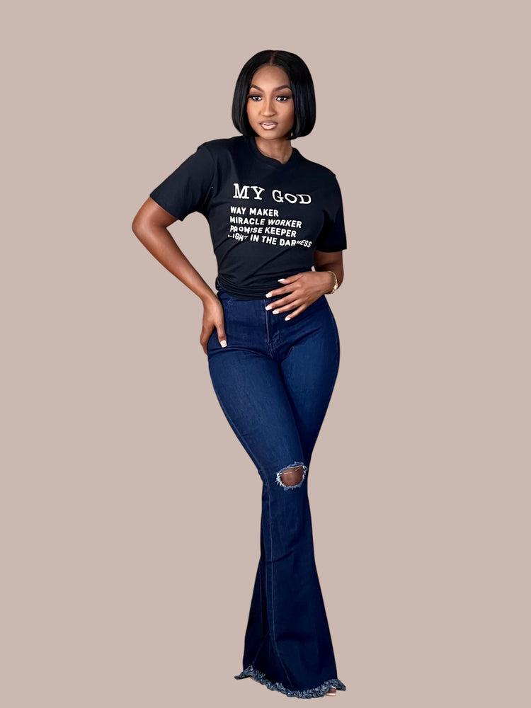 New Bell Bottom Distressed Hem Jeans-Dark Blue