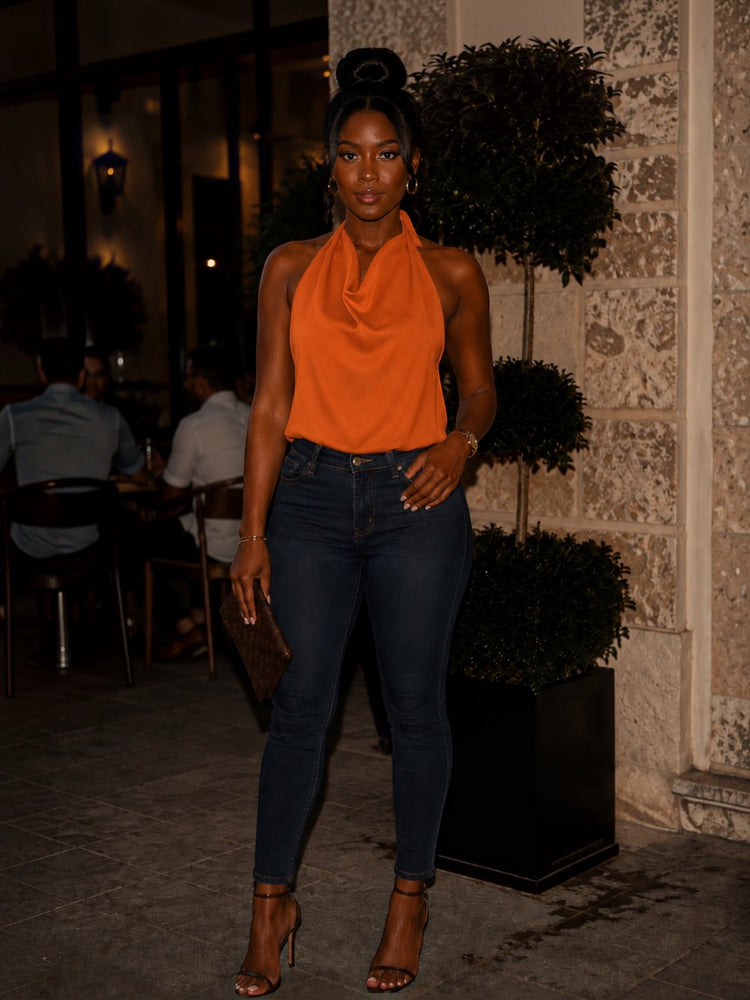 Sexy Draped Collar Top-Orange