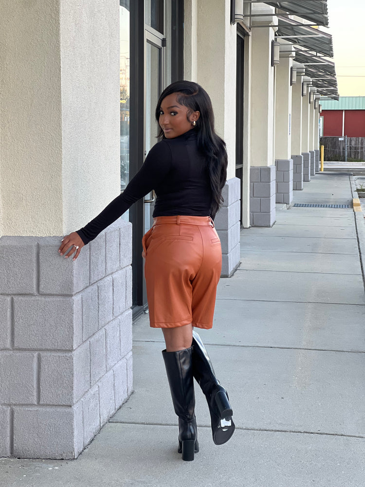 Cognac Solid Faux Leather Jorts (Shorts)