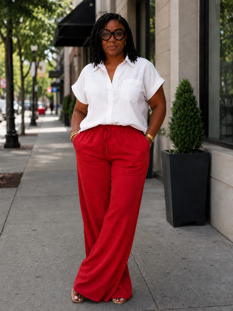 Linen Drawstring Pants-Off Red