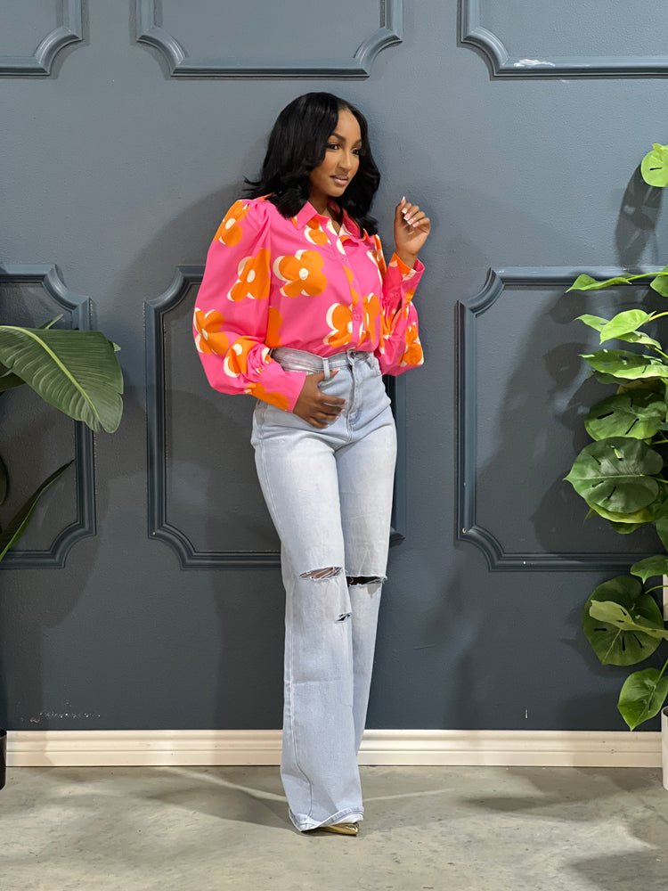 Tropical Flower Blouse Top-Pink