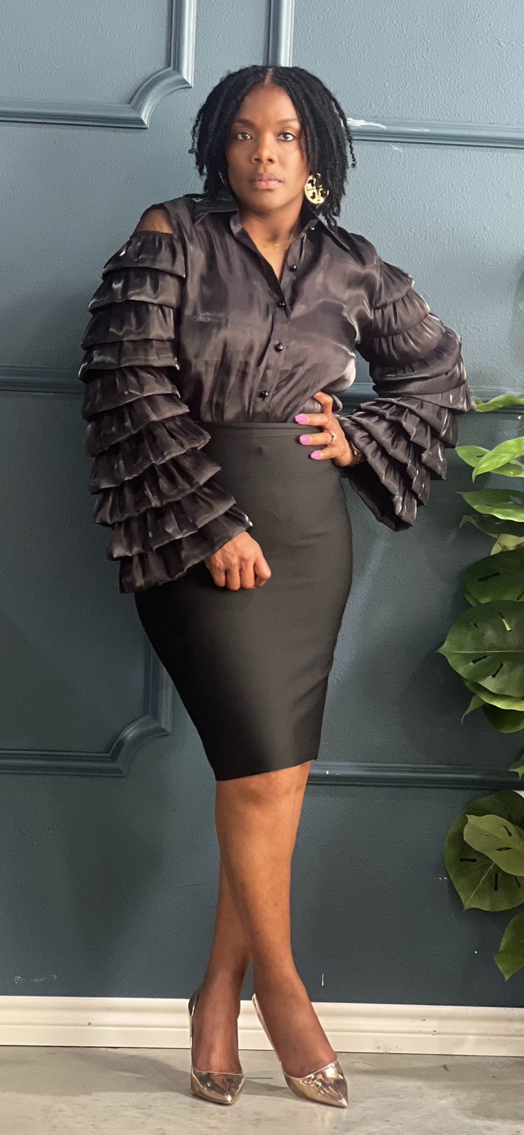 Black Layered Sleeves Blouse Plus
