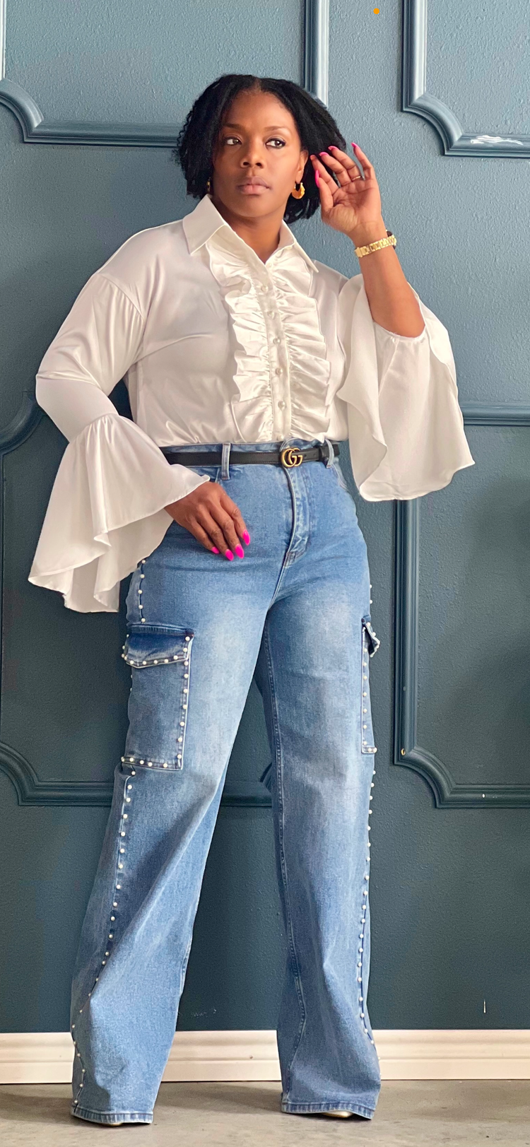 New Medium Denim Pearl Cargo Jeans