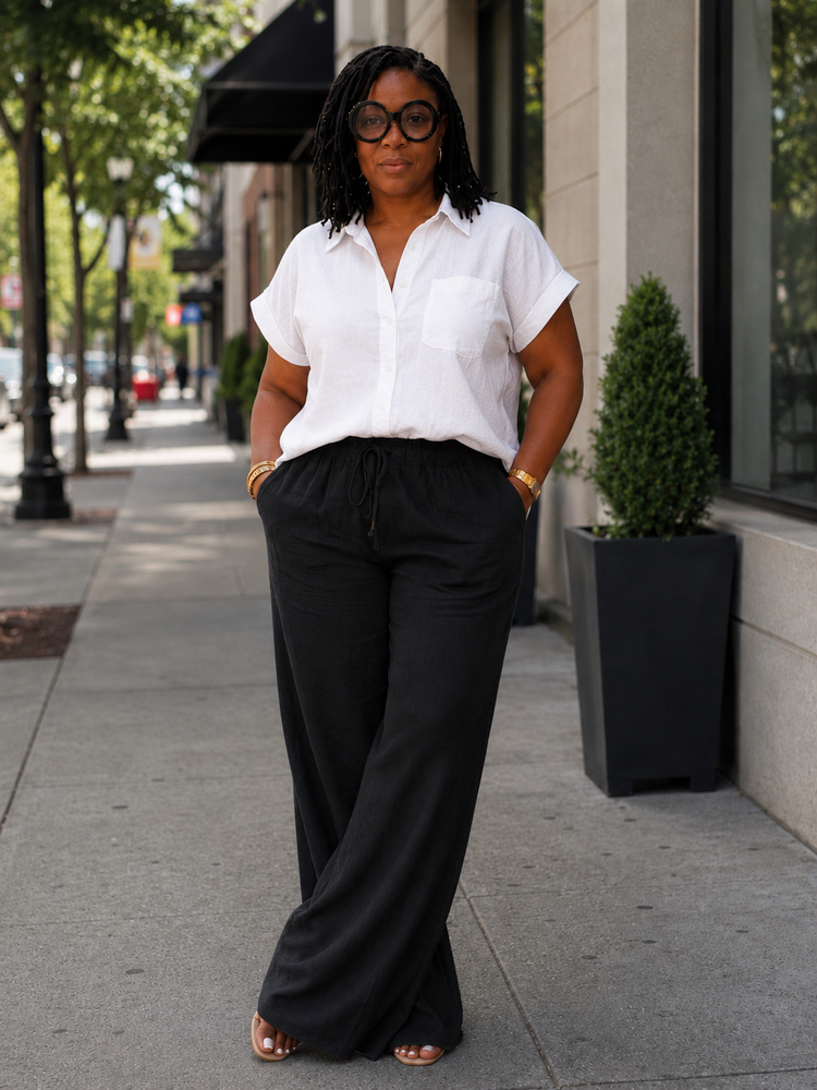 Linen Drawstring Pants-Black