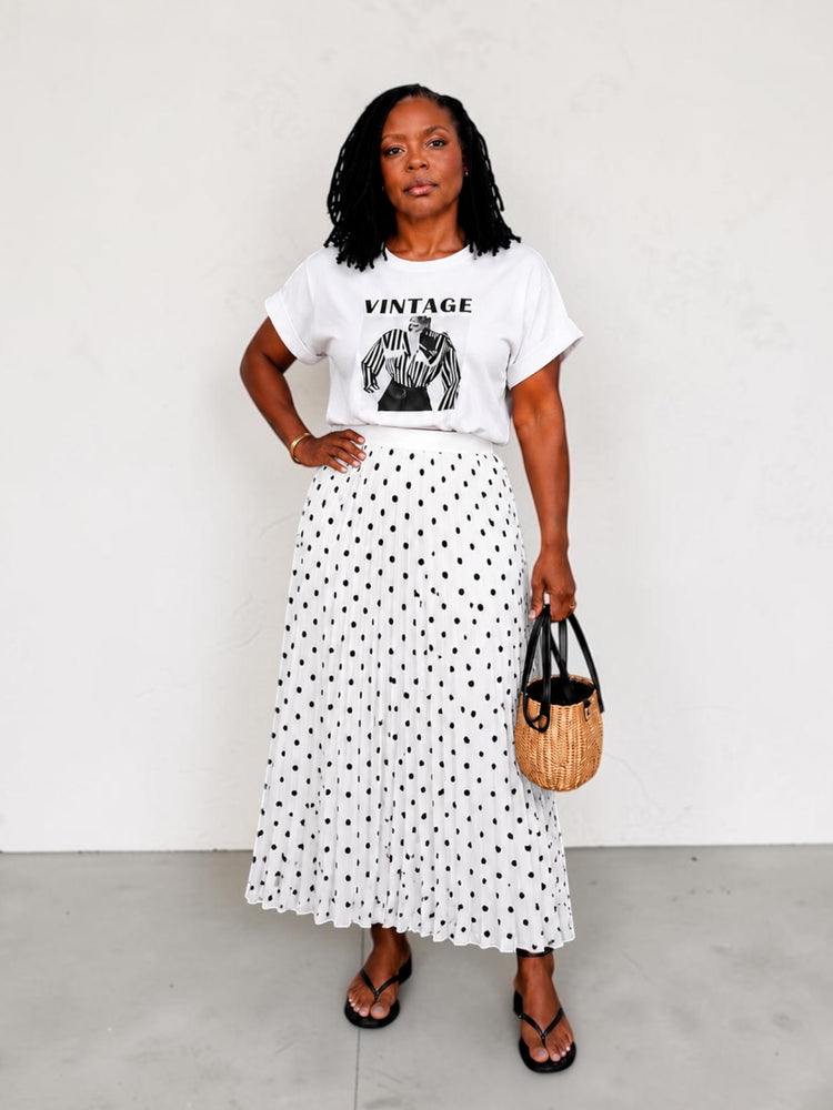 Polka Dot Pleated Maxi Skirt (White)