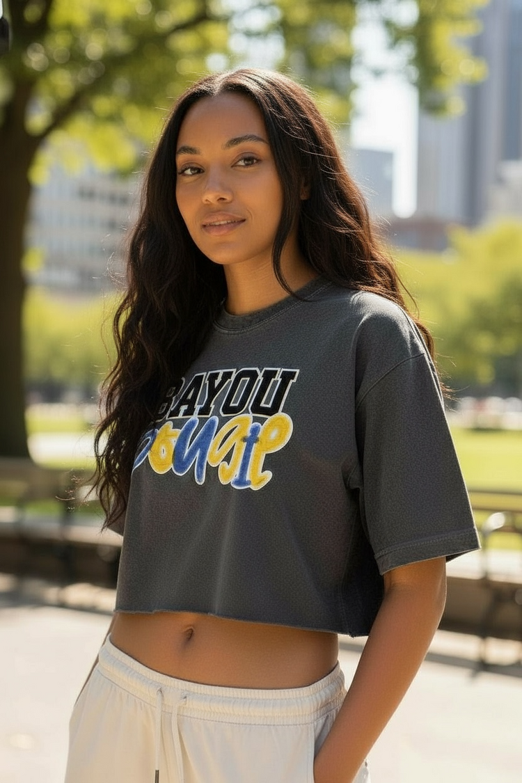 Grey Washed Out Bayou Bougie Crop Tee Shirt