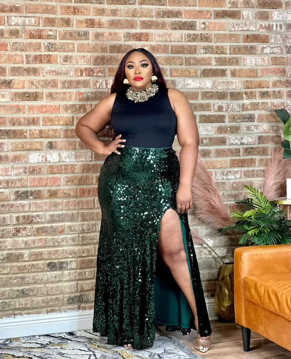 Green Formal Sequin Maxi Skirt Plus