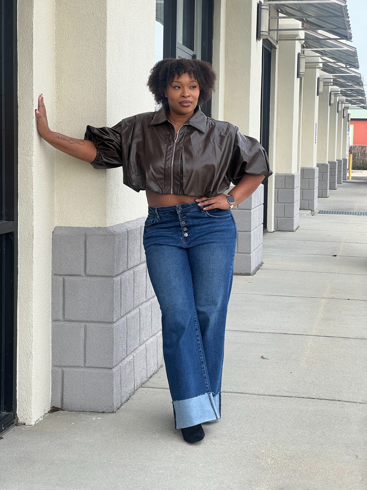 Faux Leather Bubble Top-Brown