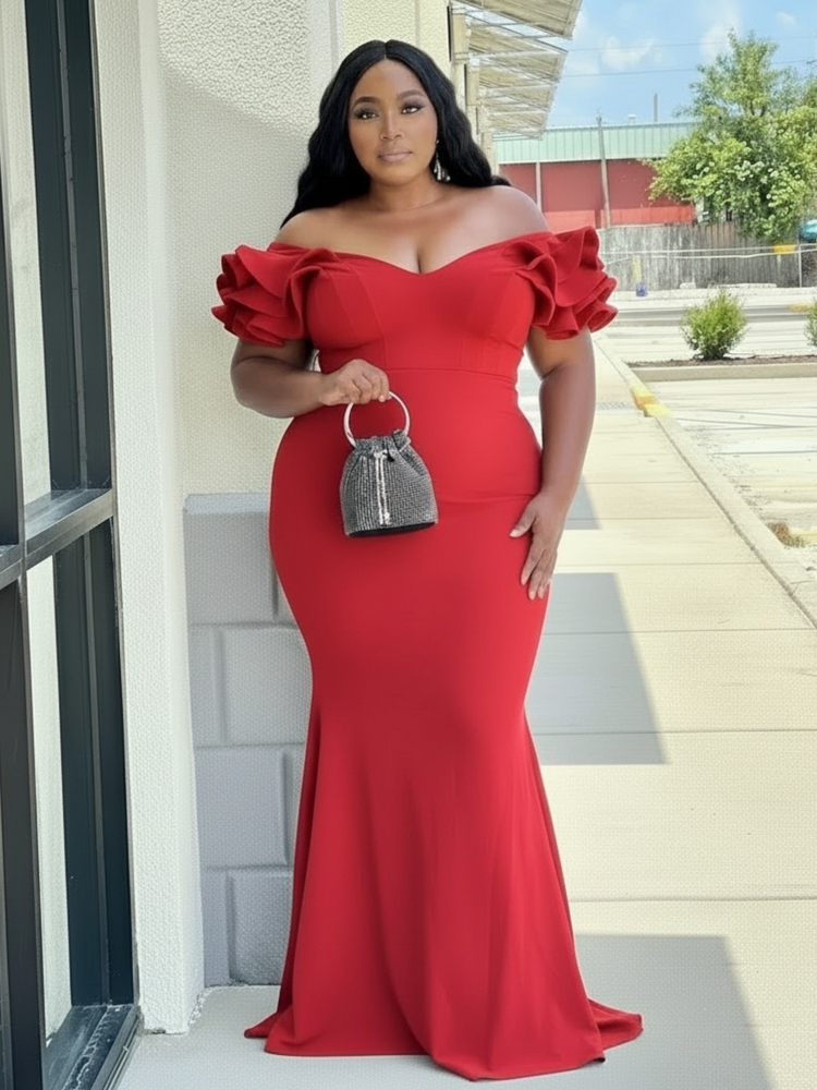 Ruffle My Shoulder Gown Plus-Red