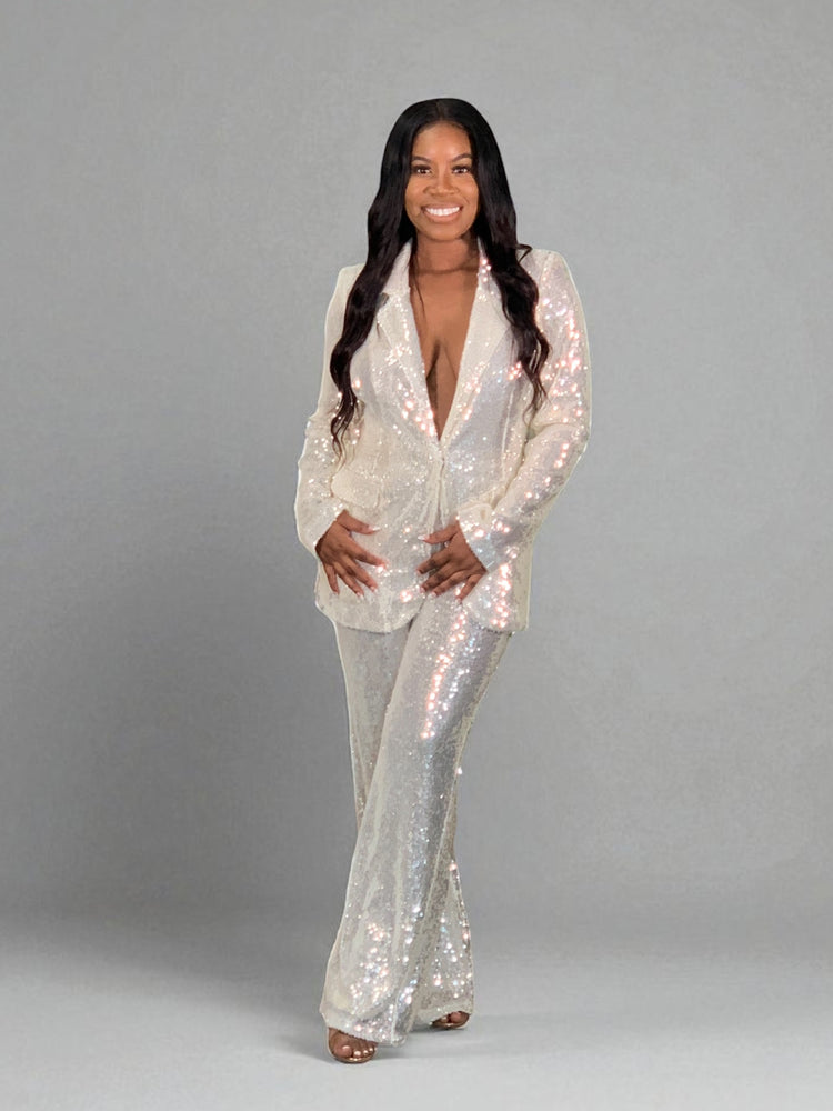 White Elegant Holiday Sequin Suit Set
