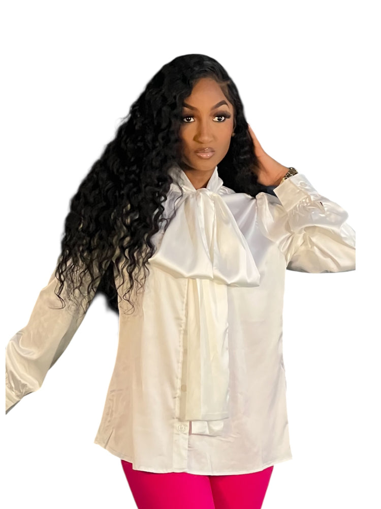 Off White Satin Bow Blouse Top