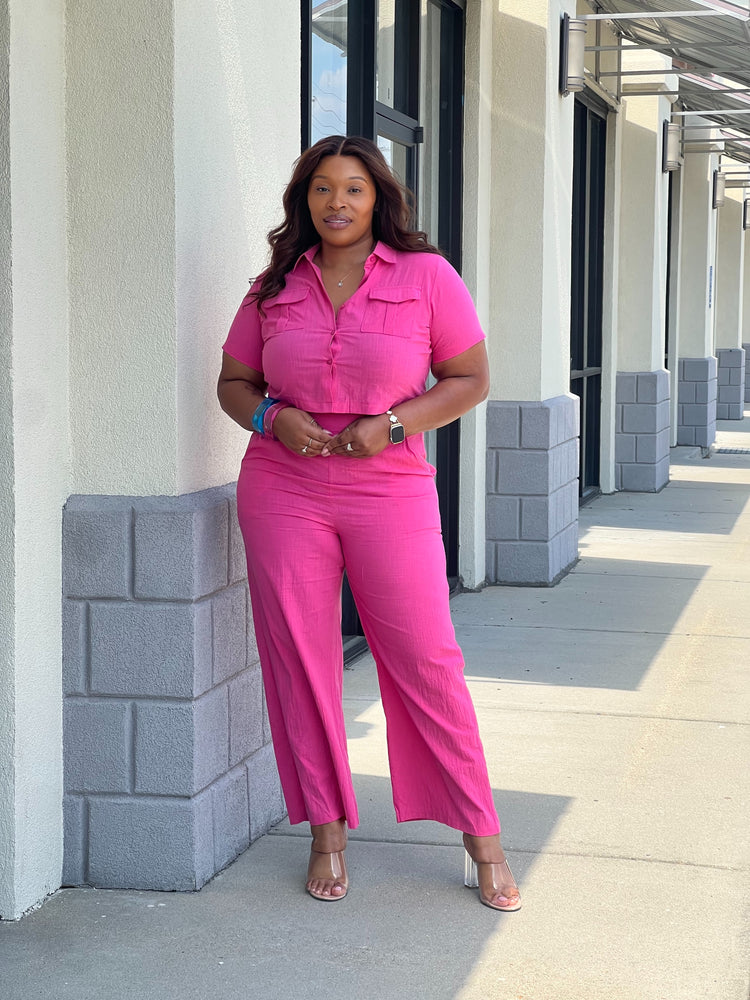 Casual Spring Pink Cropped Set Plus
