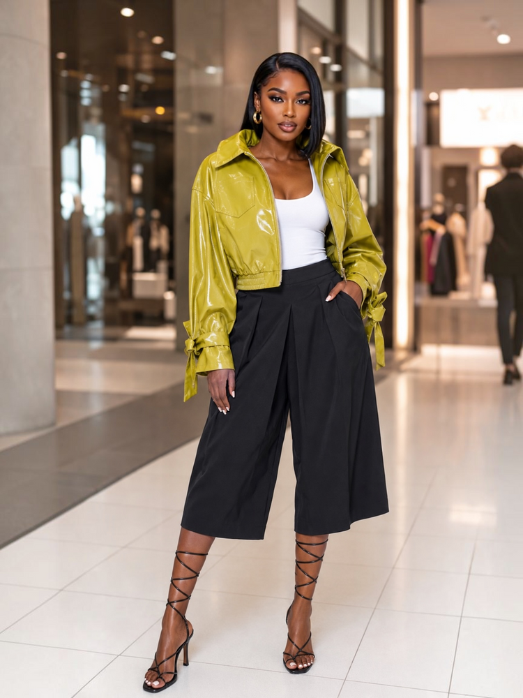 Black Pleated Flare Capri Pants