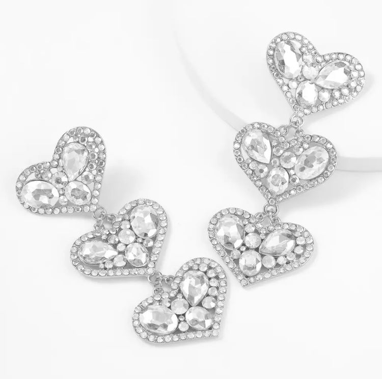 Clear Stone Triple Heart Earrings