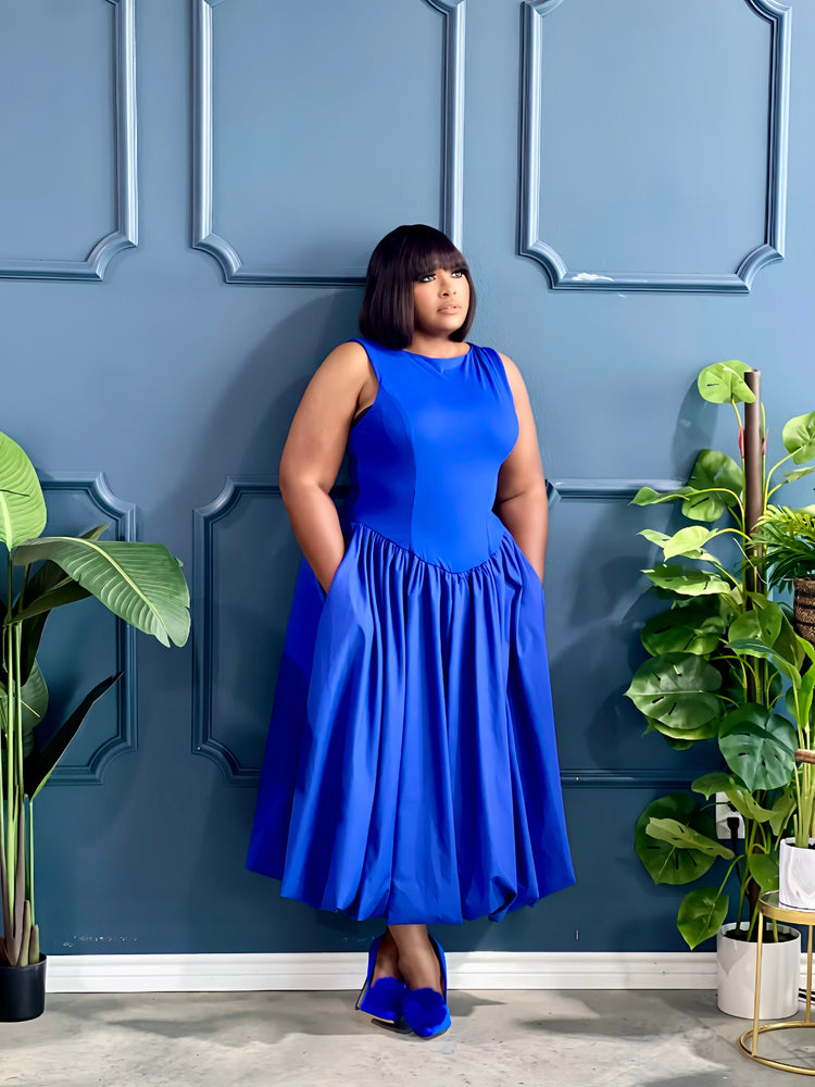 Spring Balloon Dress Plus-Blue