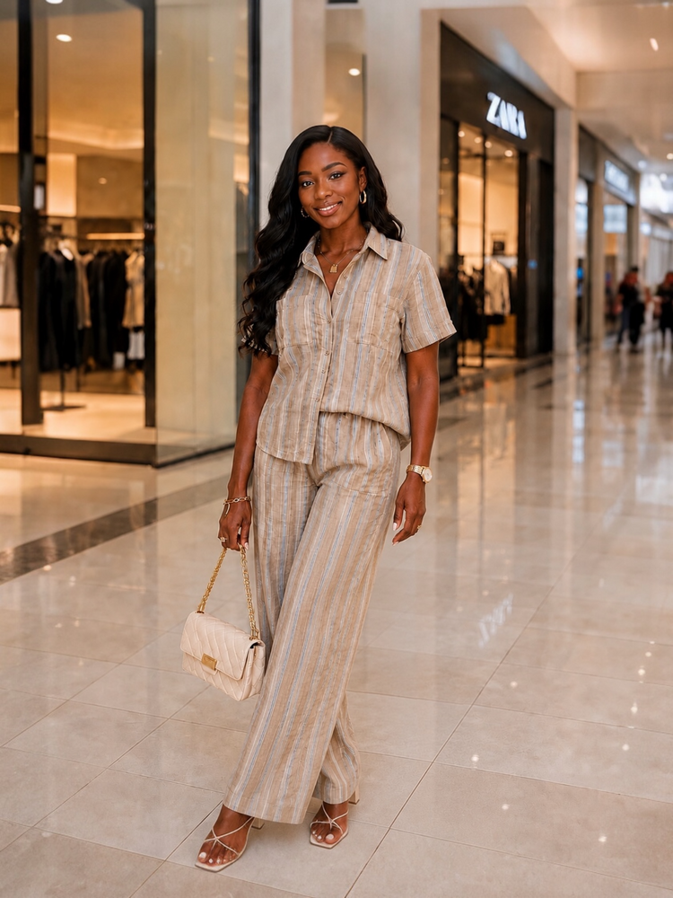 Linen Stripe Casual Set-Taupe