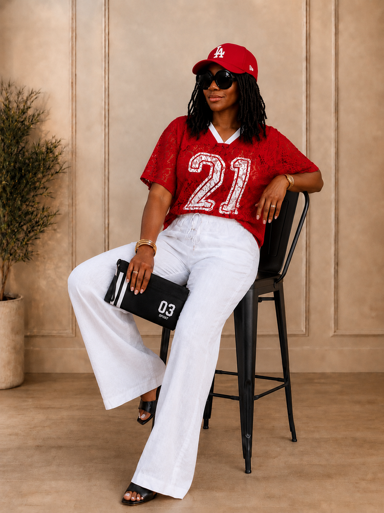 Sheer Laced Jersey Shirt-Red