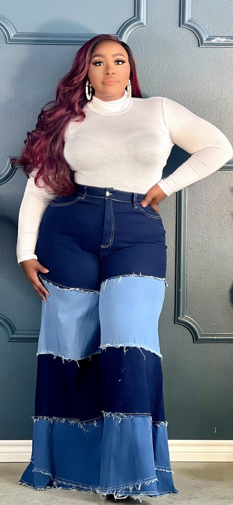 Two Tone Bell Leg Jeans Plus
