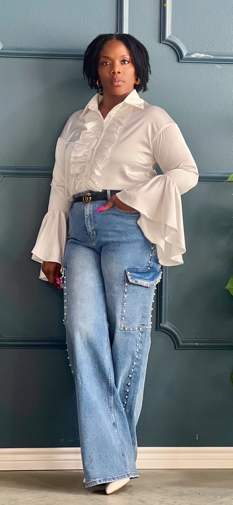 New Medium Denim Pearl Cargo Jeans