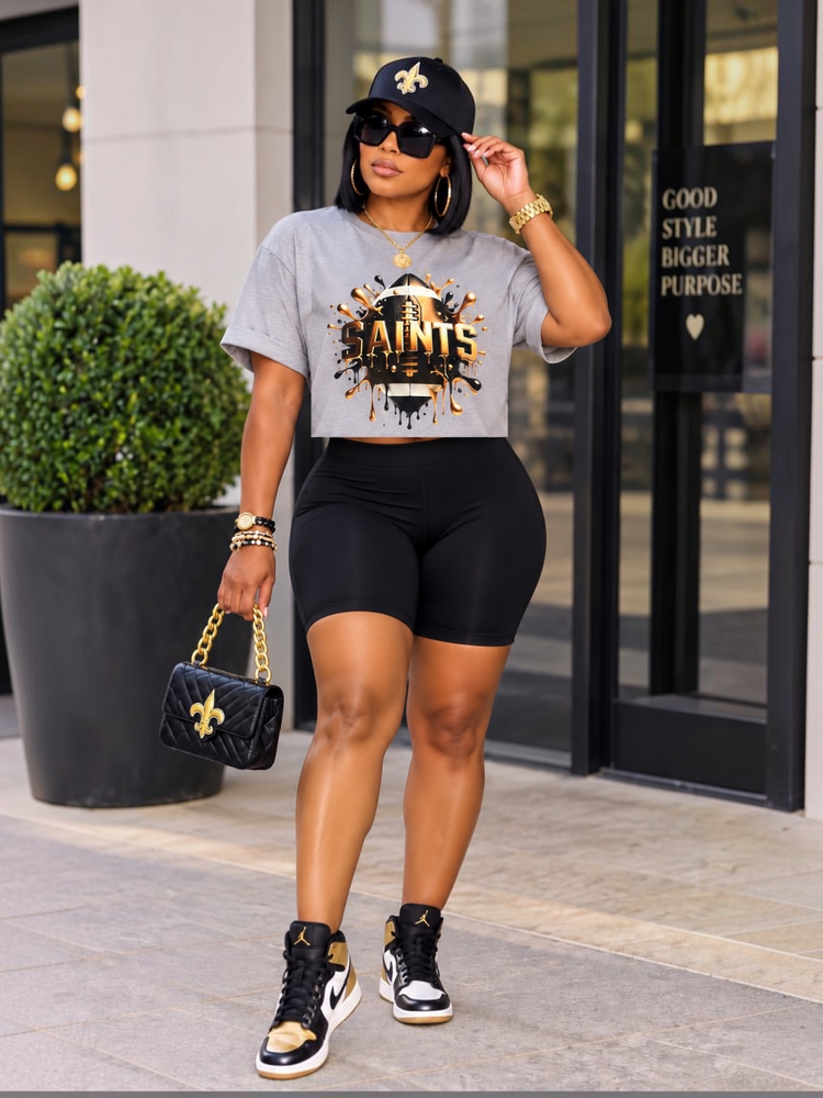 Saints Cropped Tee Shirt-Heather Grey