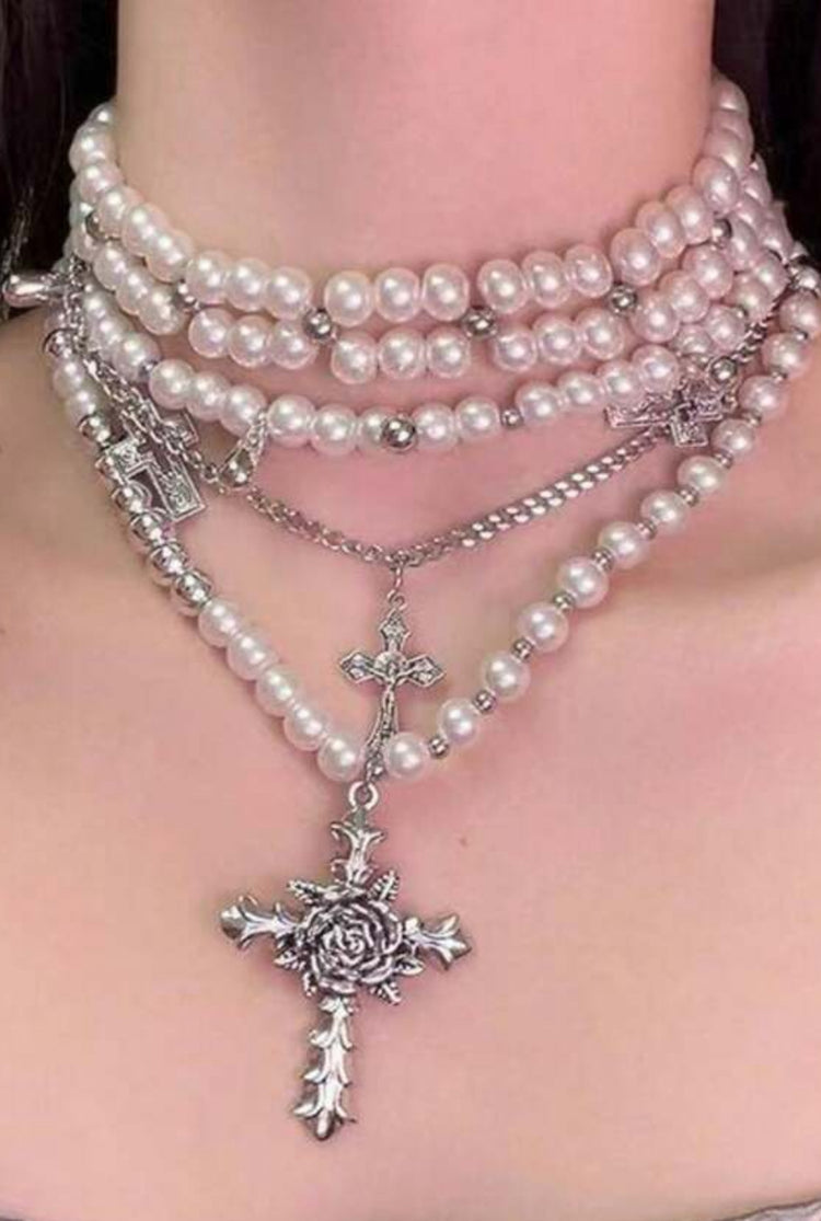 Multi Pearl Cross Necklace