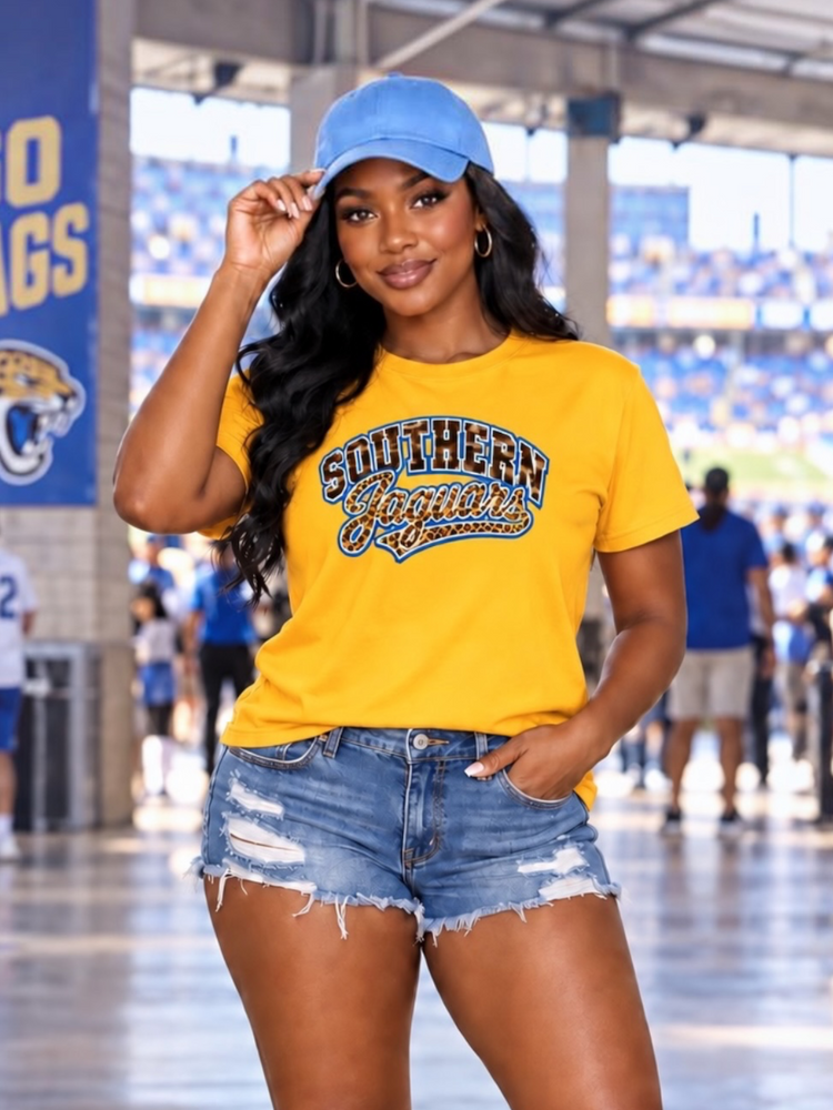 Brown Print Camouflage Southern Jaguar Tee Shirt-Gold