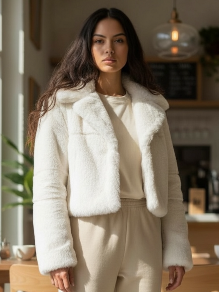 Cropped Faux Fur Coat-Ivory