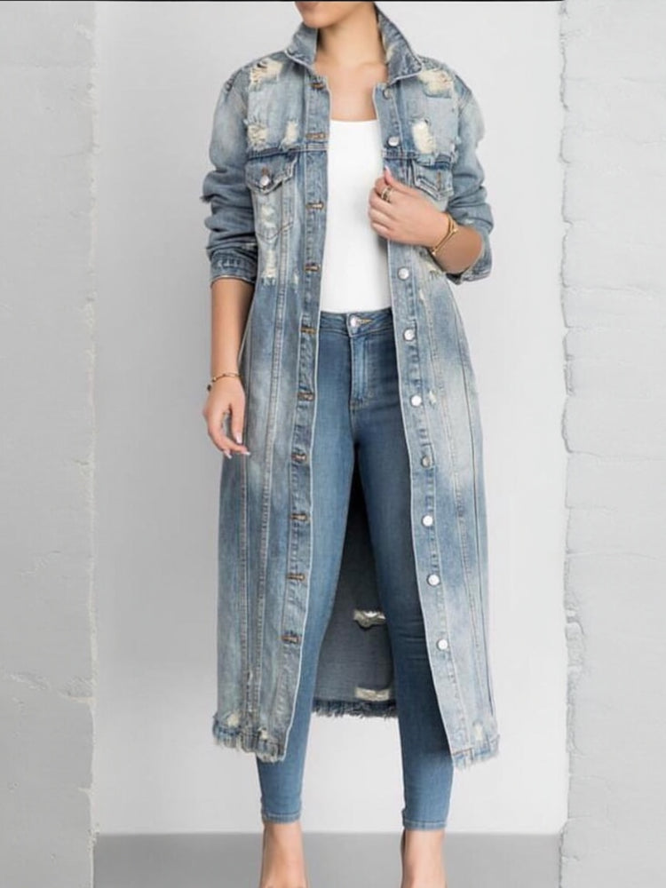Long Denim Distressed Jacket Coat Reg/Plus (Online only, allow 24hrs)