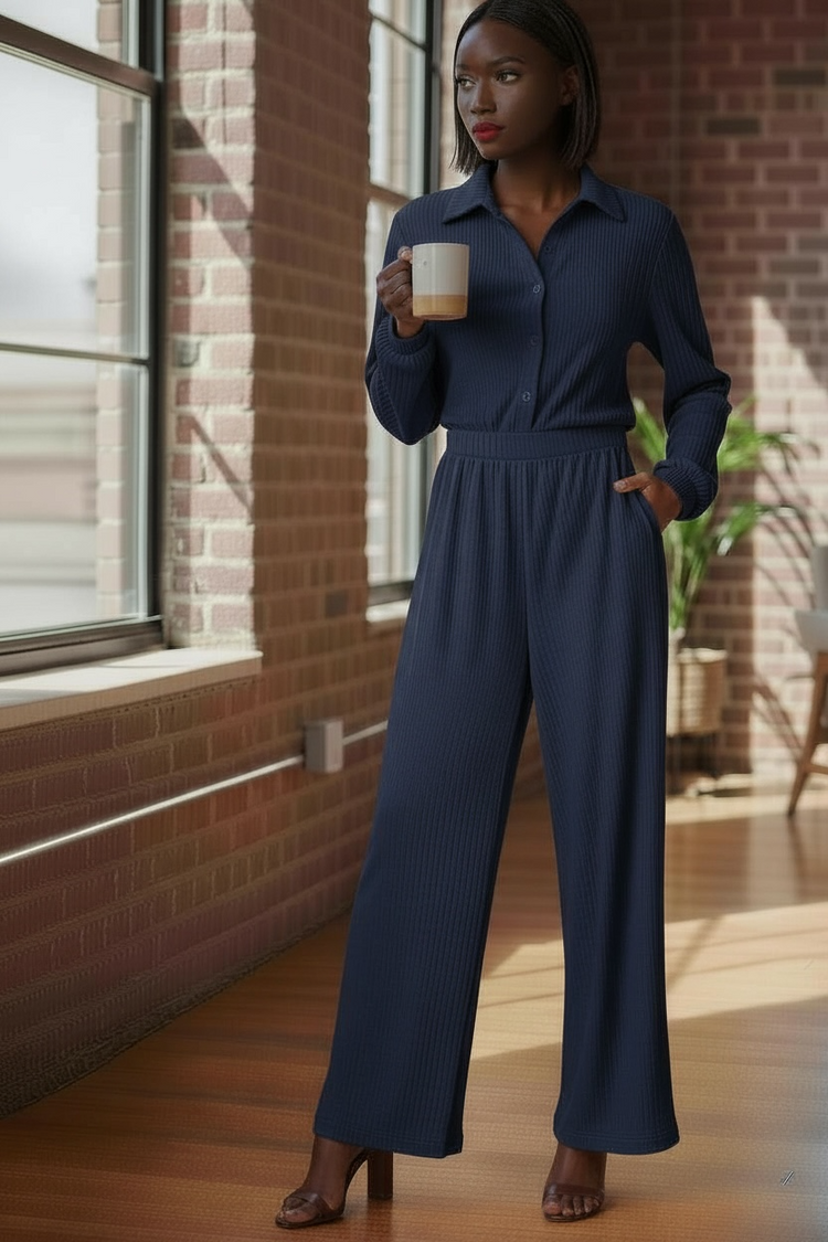 New Solid Crinkle Jumpsuit-Navy Blue