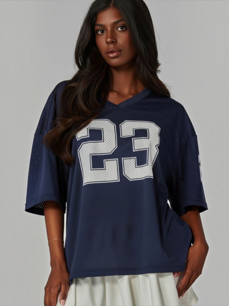 Oversized Game Day Jersey Top (Navy)