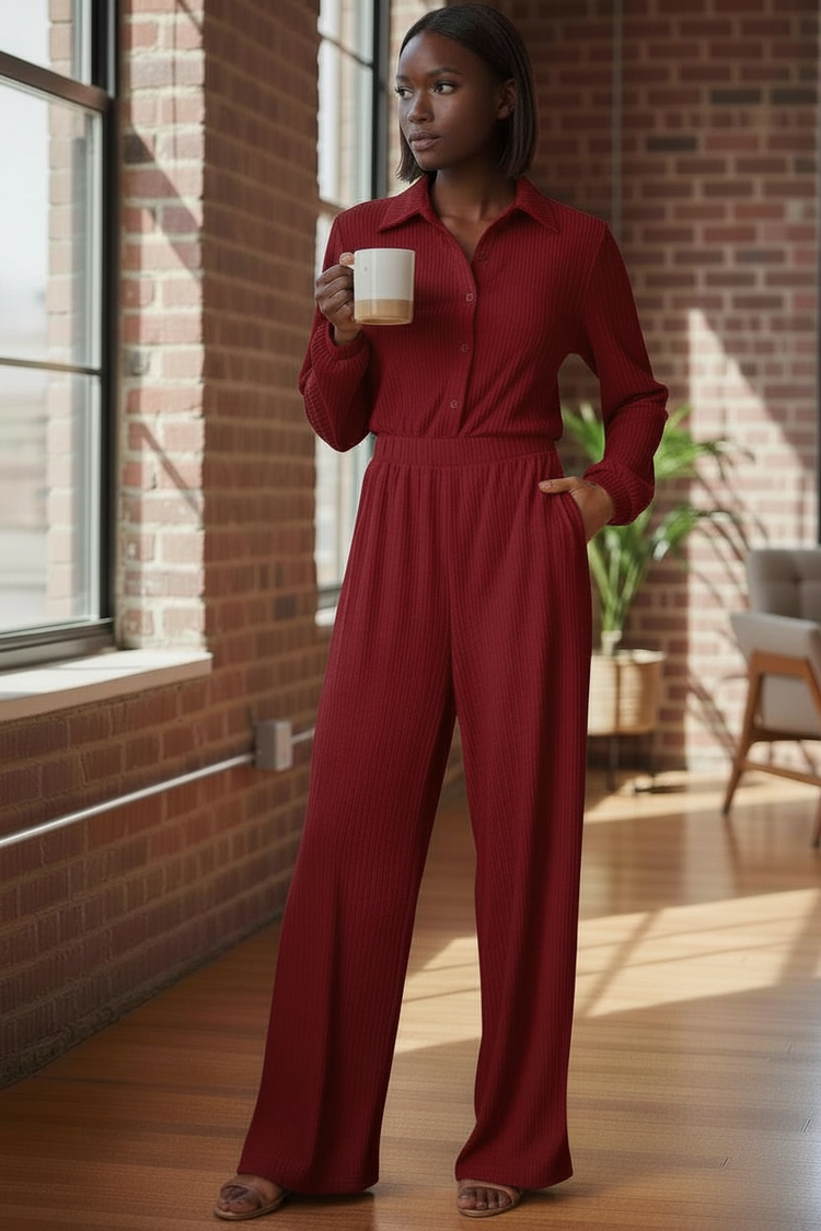 New Solid Crinkle Jumpsuit-Deep Red