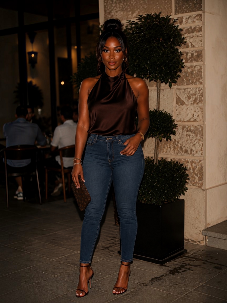 Sexy Draped Collar Top (Brown)