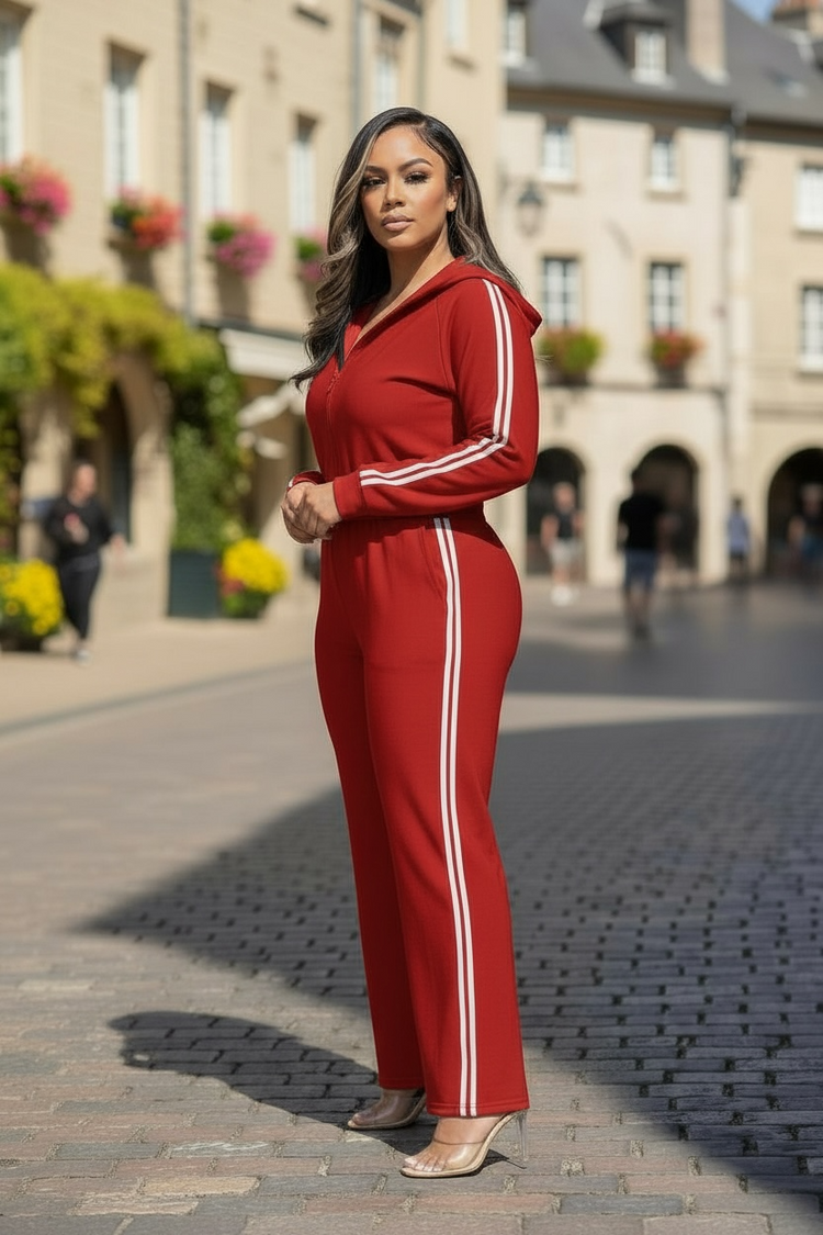 Zip-up Hooded Jumpsuit-Red