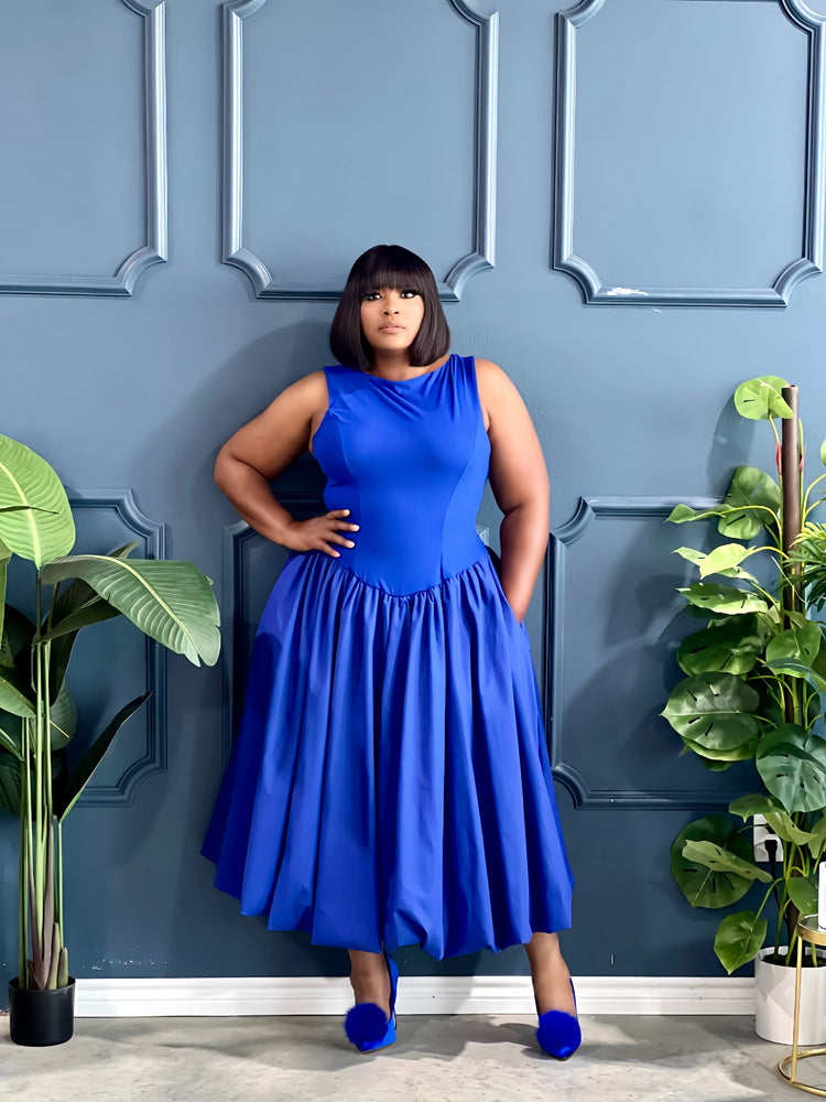 Spring Balloon Dress Plus-Blue