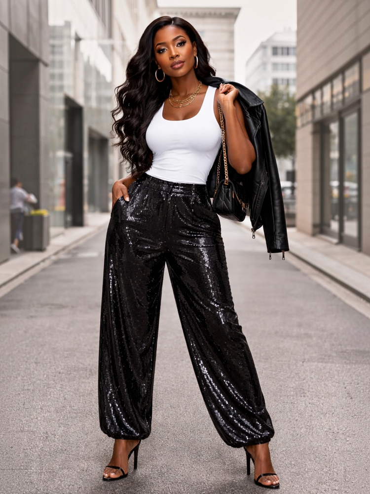 Black Sequin Jogger Pants