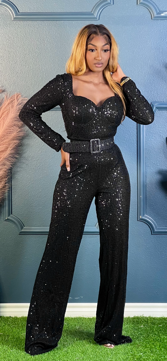 Sequin Black Sophisticated Holiday Jumpsuit (Online only)