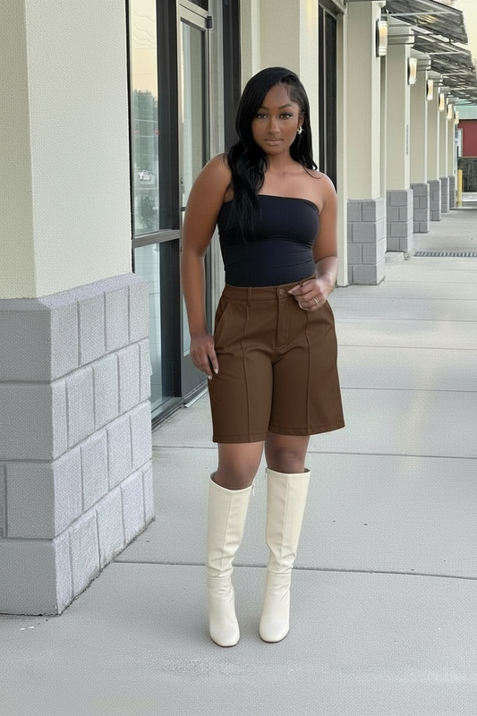 Solid Faux Leather Jorts (Chocolate Brown)