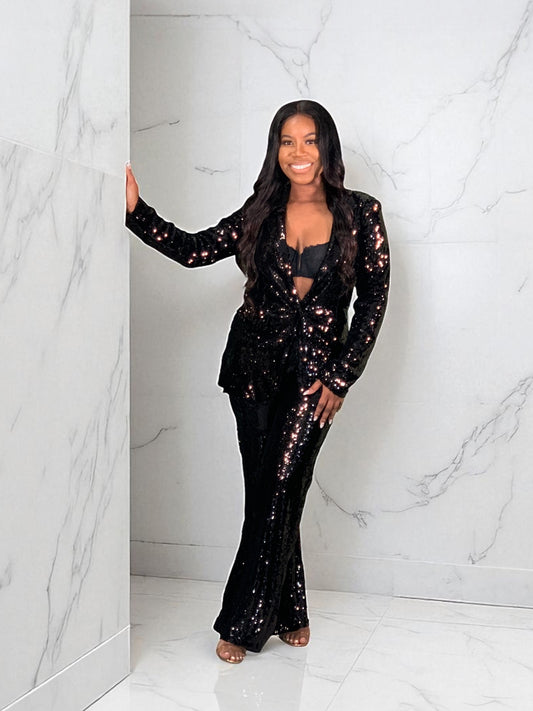 Black Elegant Holiday Sequin Suit Set