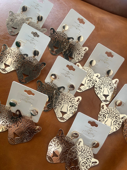 Gold Jaguar Face Earrings