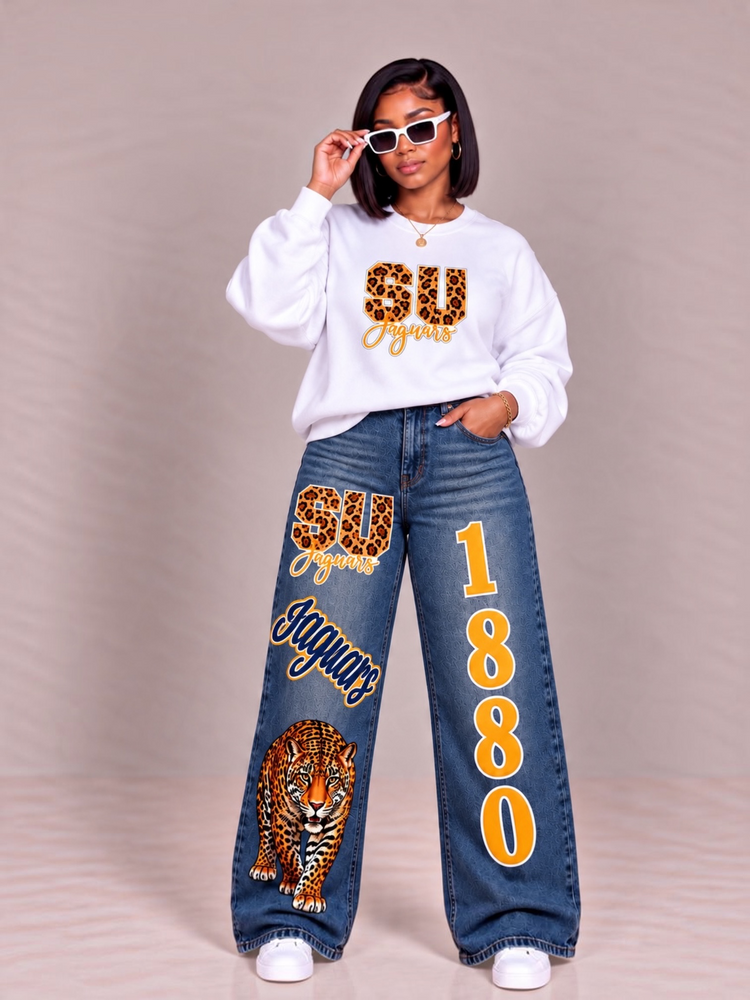 White SU Jaguars Print Patch Sweatshirt