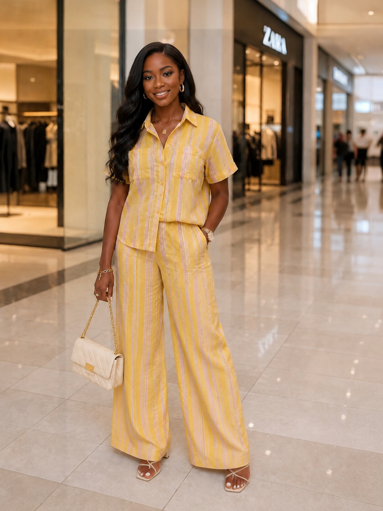 Linen Stripe Casual Set-Yellow