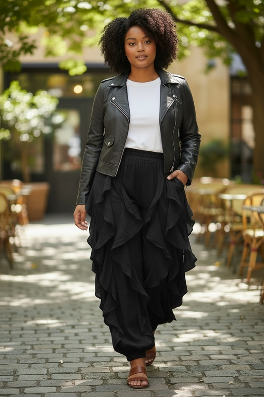 Ruffle Organza Jogger Pants Plus (Black)
