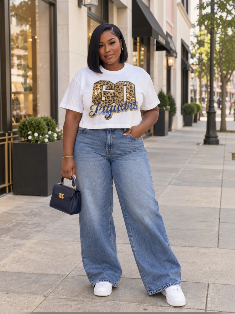 White Go Jaguars Sequin Patch Crop Tee Shirt