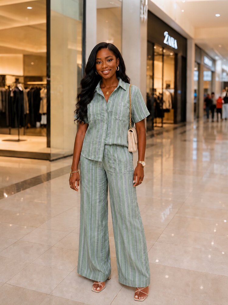 Linen Stripe Casual Set-Sage
