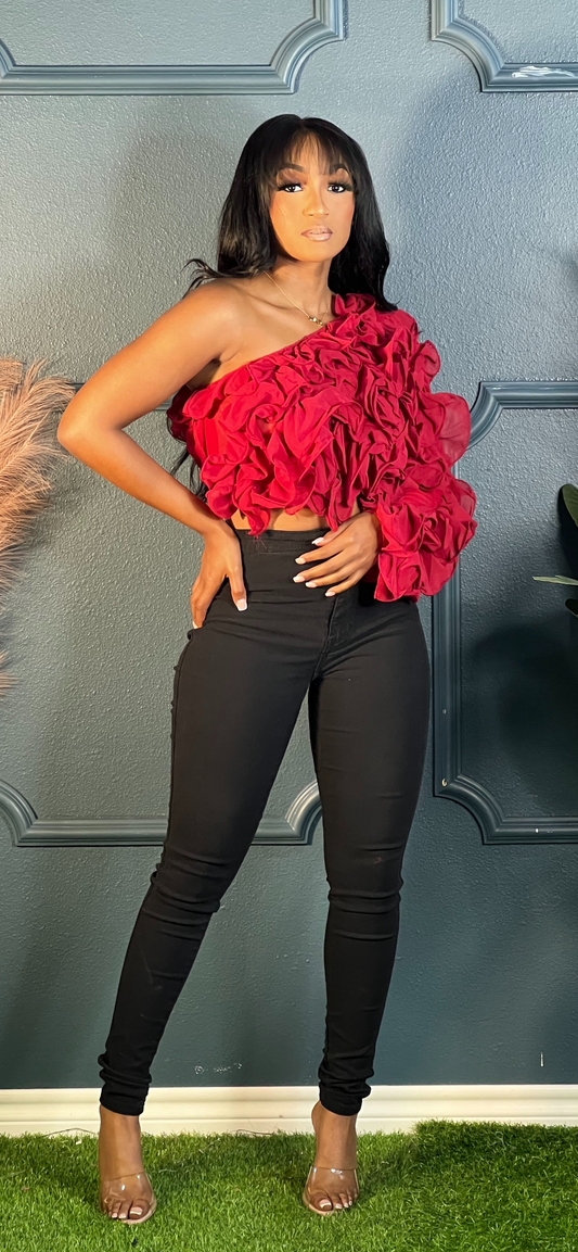 Only One Ruffle Shoulder Top-Deep Red